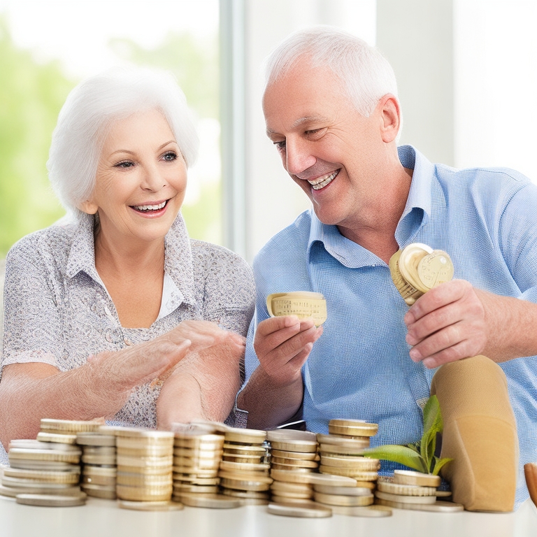 Happy grandparents enjoying financial retirement, surrounded by stacks of money, symbolizing their successful financial planning and secure retirement savings.